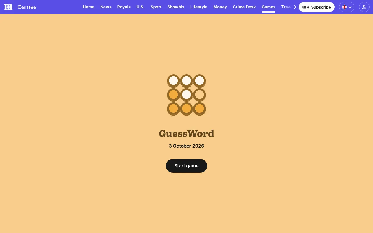 The GuessWord start screen on the Daily Mail games page: the game's grid icon, its name, the date 3 October 2026 and a Start game button
