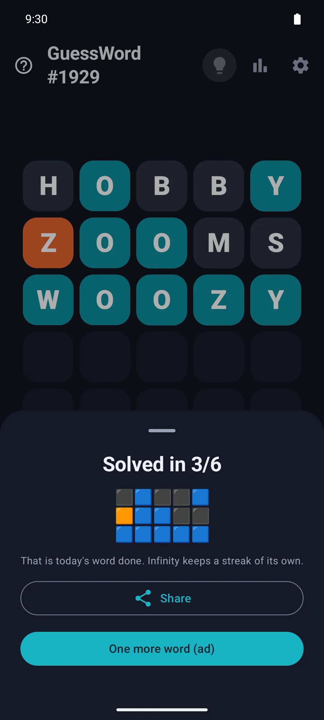 GuessWord puzzle #1929 solved in three guesses, HOBBY, ZOOMS and WOOZY, with the share grid and a One more word button
