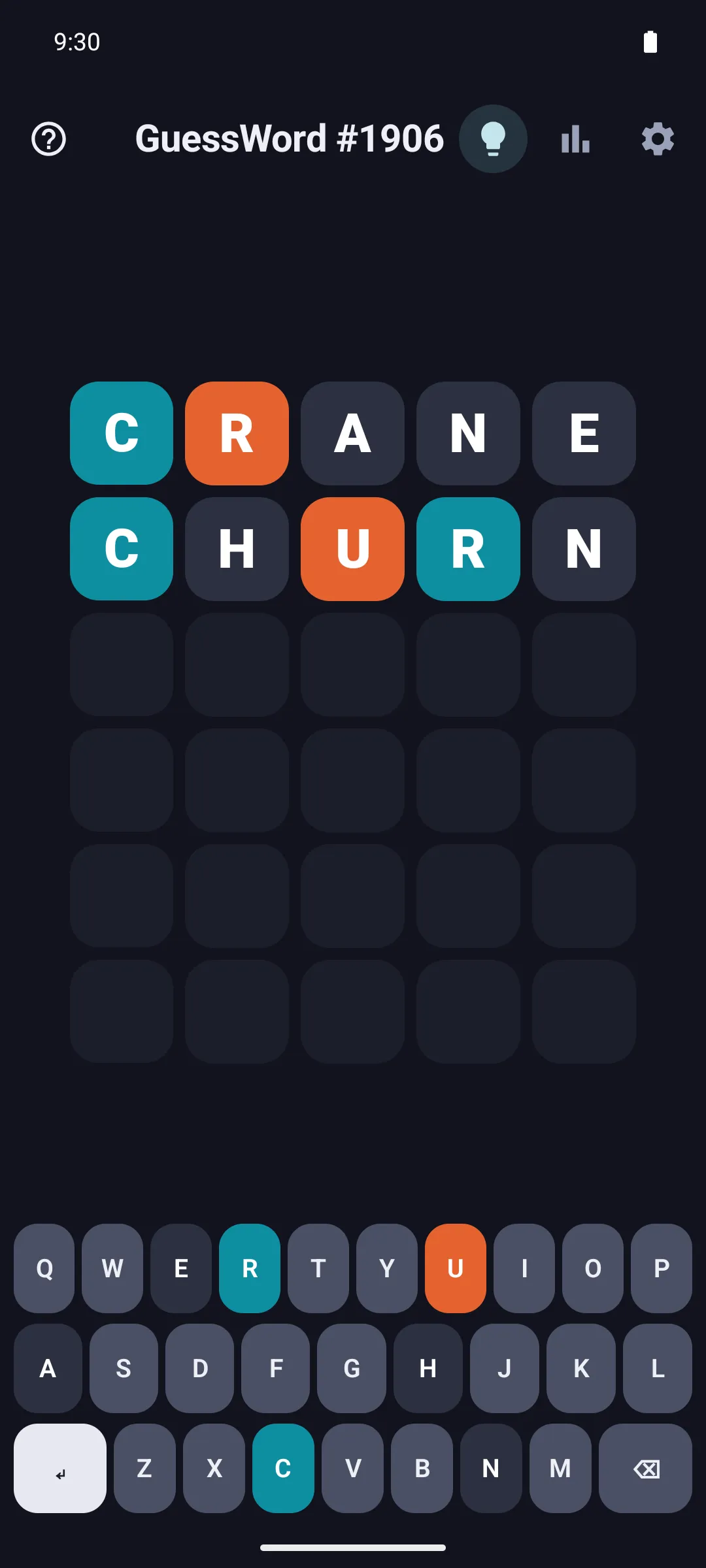 GuessWord daily puzzle #1906 in progress: the guesses CRANE and CHURN with cyan and coral tiles above the coloured keyboard