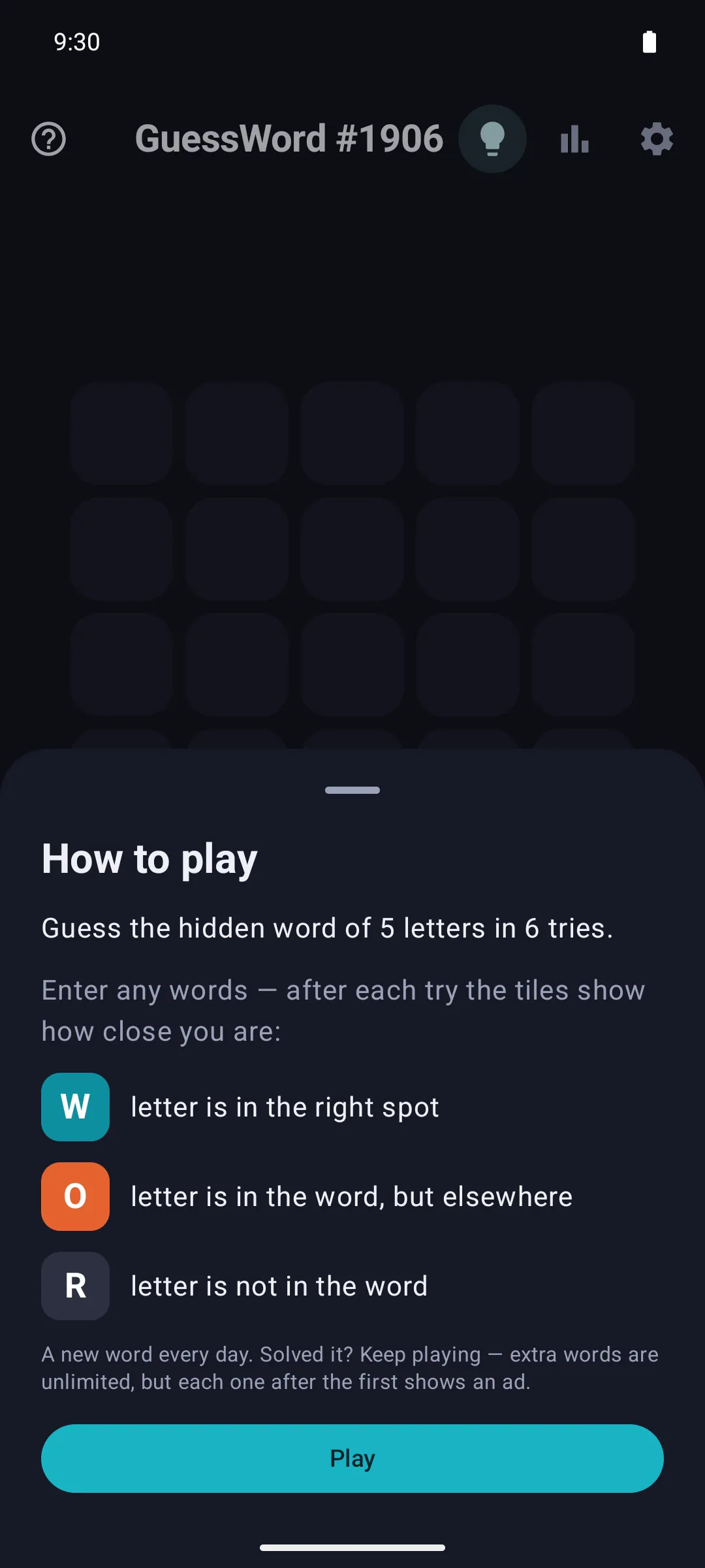 GuessWord's How to play box over an empty board, explaining the cyan, coral and grey tiles