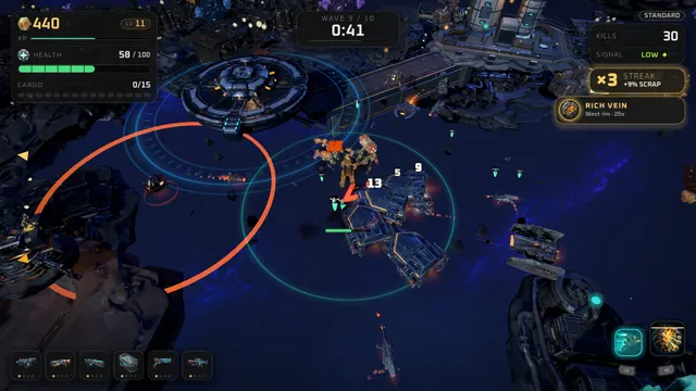 Gunmetal Orbit, wave 9 of 10: a mining exosuit fighting among asteroids and enemy ships near an orbital station, with health, cargo and kill counters and a streak bonus
