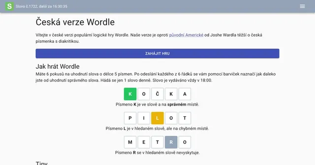 HádejSlova.cz start page with word number 1722, the countdown and example tiles for KOČKA, PILOT and METRO
