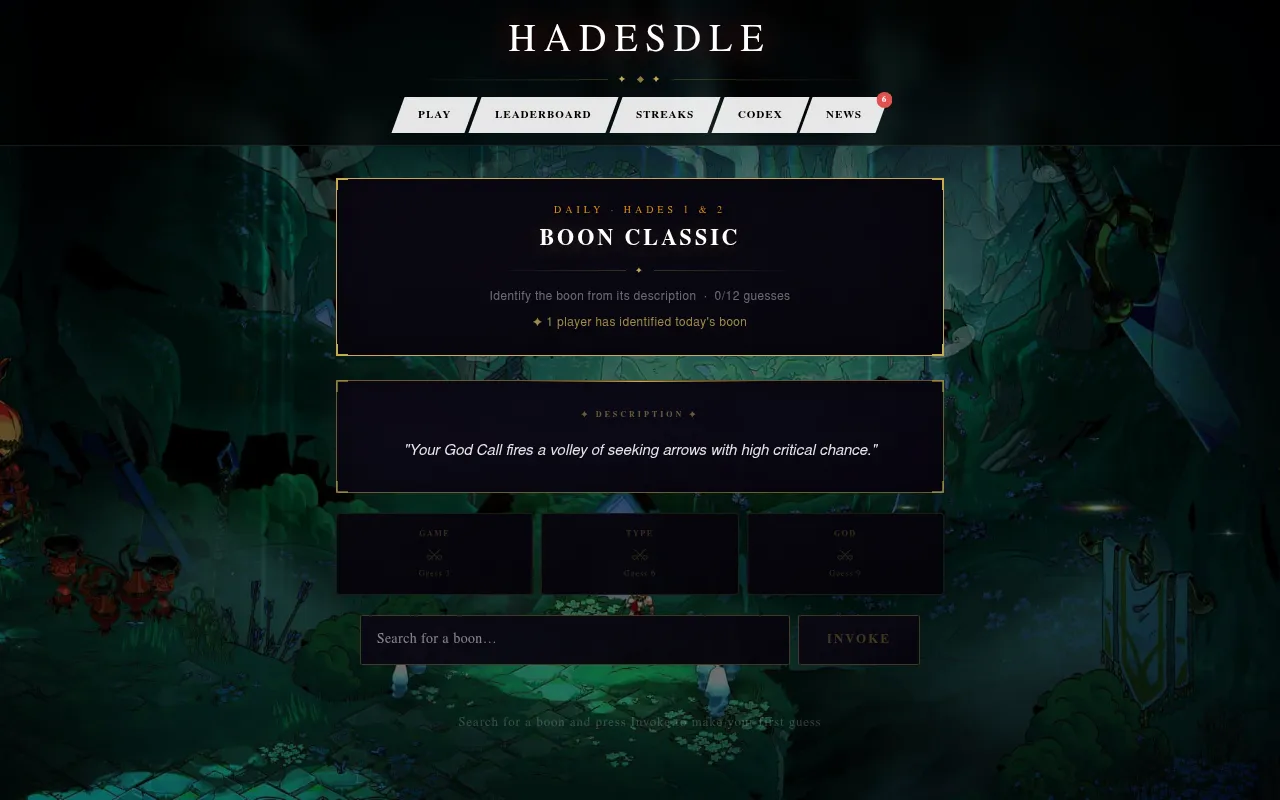 Hadesdle's Boon Classic: the day's boon description, hint tiles for game, type and god, and a boon search box with 12 guesses