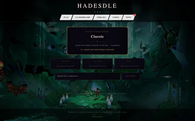 Hadesdle's Classic daily challenge: locked species, faction and role hints above a character search box and Invoke button, over art from Hades