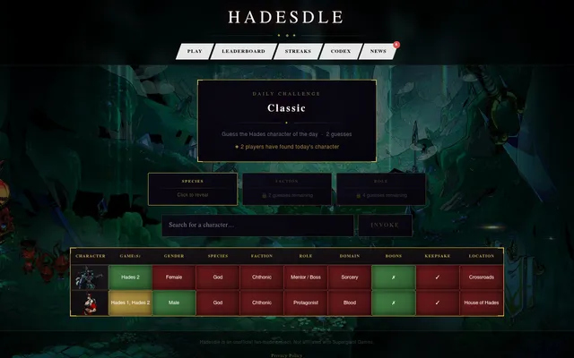 Hadesdle's Classic board after two guesses, Hecate and Zagreus, each compared with the day's character in green, yellow and red columns from game to location