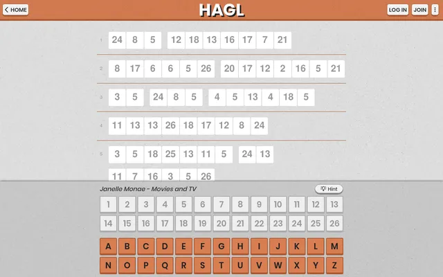 The HAGL board: rows of numbered tiles for the encoded items, the category Janelle Monae, Movies and TV, a Hint button, number tiles 1 to 26 and an orange letter keyboard