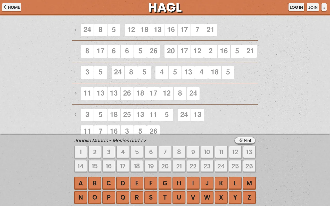 The HAGL board: rows of numbered tiles for the encoded items, the category Janelle Monae, Movies and TV, a Hint button, number tiles 1 to 26 and an orange letter keyboard