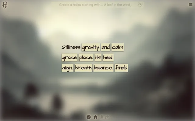 Haikudle's board for 22 Oct 2026, the haiku Quiet Balance (dailyHaikuId 20261020): three lines of word tiles such as stillness, gravity, grace, breath and balance over a blurred misty valley