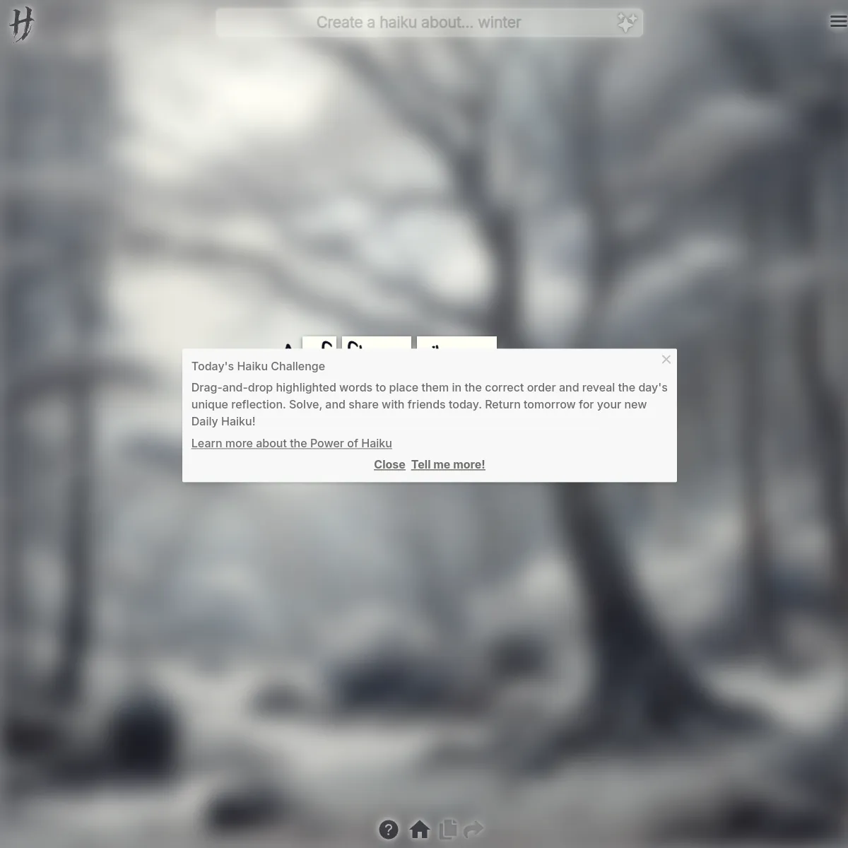 Haikudle daily puzzle over a blurred winter forest, with the Today's Haiku Challenge instructions