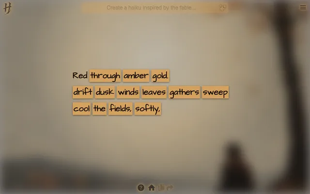 Haikudle's board for 18 Oct 2026, the haiku Amber Dusk: three lines of scrambled word tiles such as drift, dusk, winds, leaves and amber gold over a blurred autumn painting