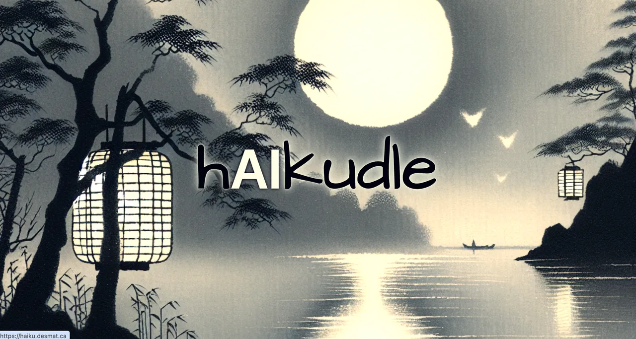 Haikudle logo over an ink-style night scene with a full moon, lanterns and a boat on a lake