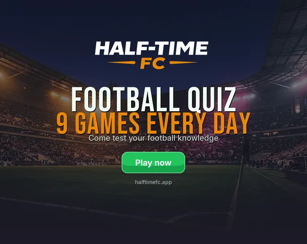 Half-Time FC title screen over a floodlit stadium, reading Football quiz, 9 games every day, with a Play now button