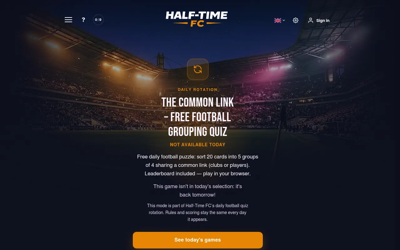 Half-Time FC page for The Common Link, a daily rotation mode, explaining the 20-card grouping quiz and that it is not in today's selection