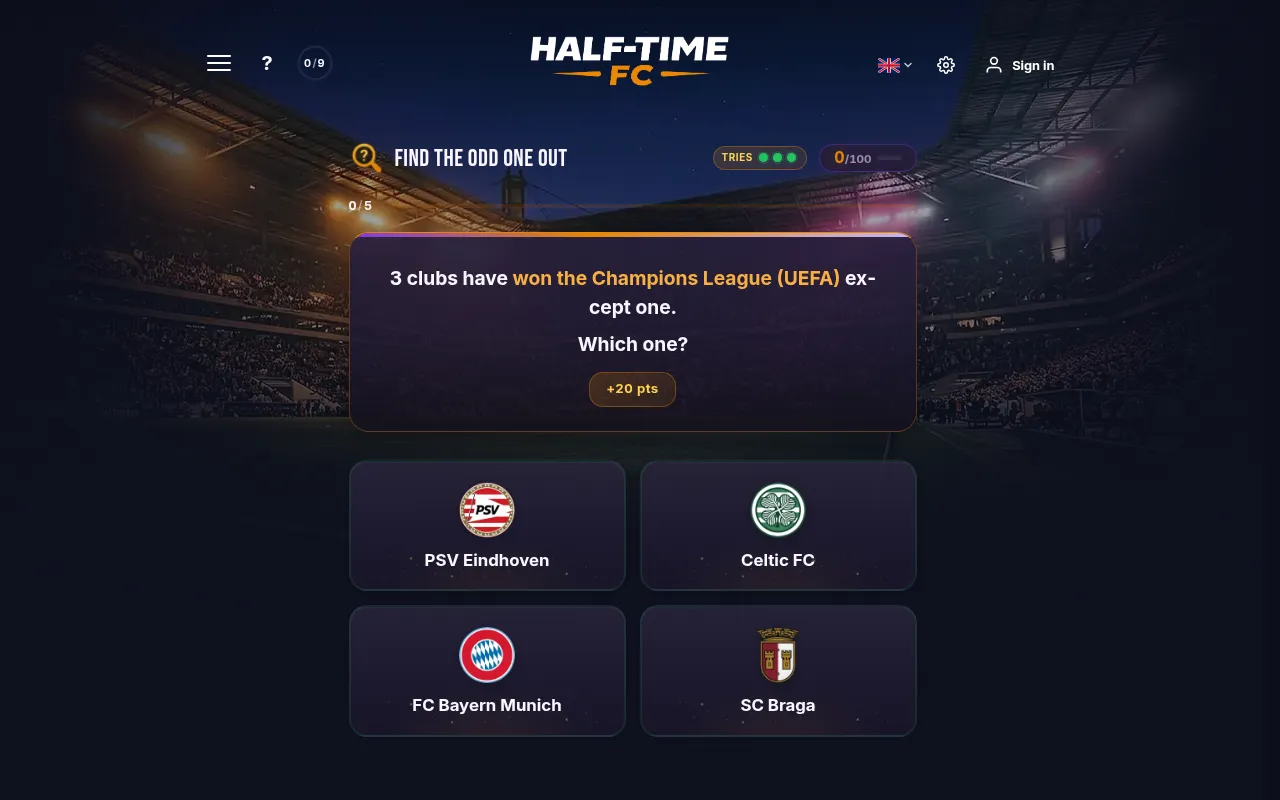 Half-Time FC's Find the Odd One Out in play: three clubs have won the Champions League except one, with PSV Eindhoven, Celtic, Bayern Munich and SC Braga to choose from