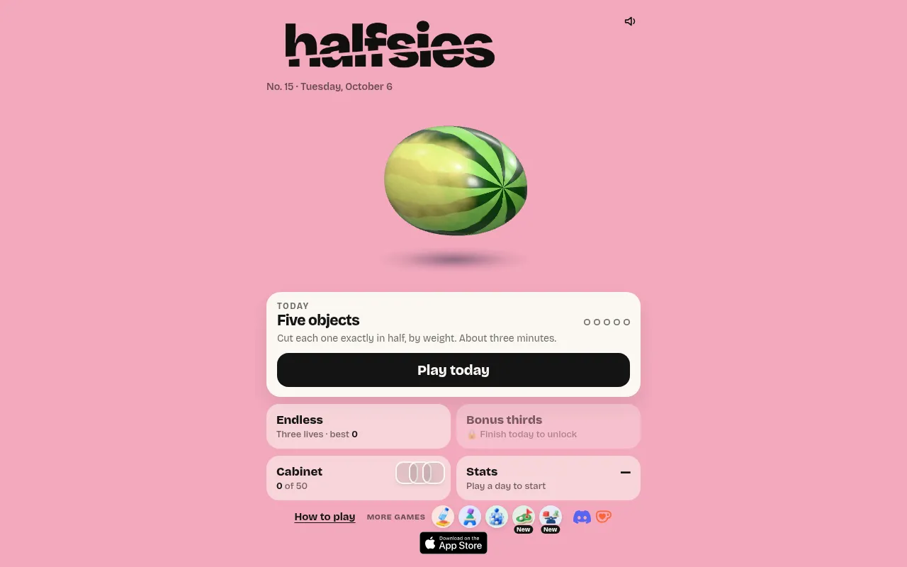 Halfsies No. 15 home screen: a 3D watermelon above the Five objects daily card with Endless, Bonus thirds and Cabinet