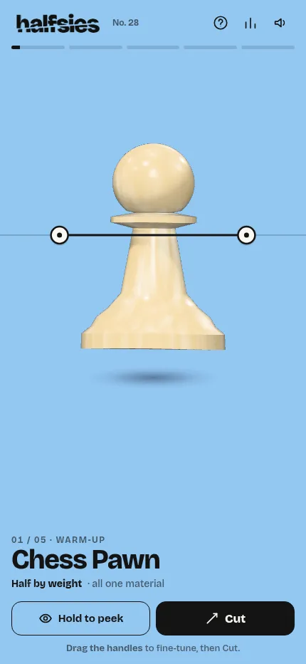 Halfsies on a phone: a cut line with two handles drawn across the chess pawn of puzzle No. 28, ready to press Cut