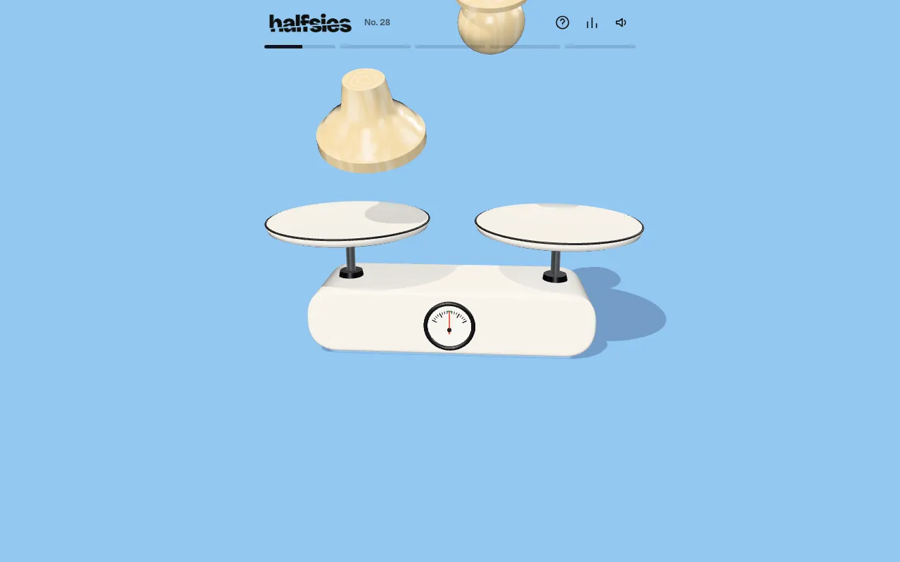 Halfsies after a cut: the two halves of a chess pawn dropping onto a kitchen scale with a dial