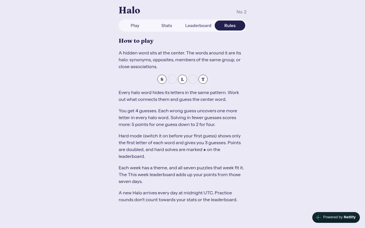 Halo's Rules tab: a hidden word at the centre with a halo of related words, an example S L T pattern, four guesses, hard mode and weekly themes, new each day at midnight UTC