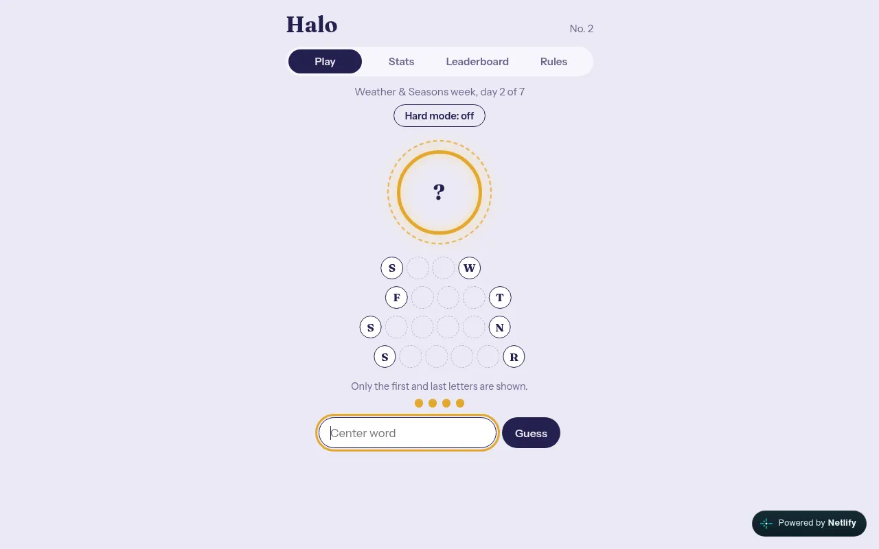 Halo No. 2, Weather and Seasons week day 2 of 7: a hidden centre word as a question mark above four masked halo words showing only first and last letters, S..W, F...T, S...N, S...R