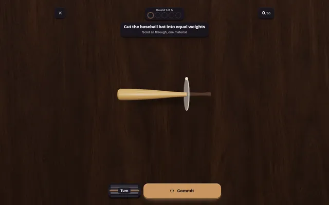 Halved on 18 October 2026: round 1 of 5, a 3D baseball bat on a wooden bench with the cutting plane near the handle, the line Cut the baseball bat into equal weights, and the Turn and Commit buttons