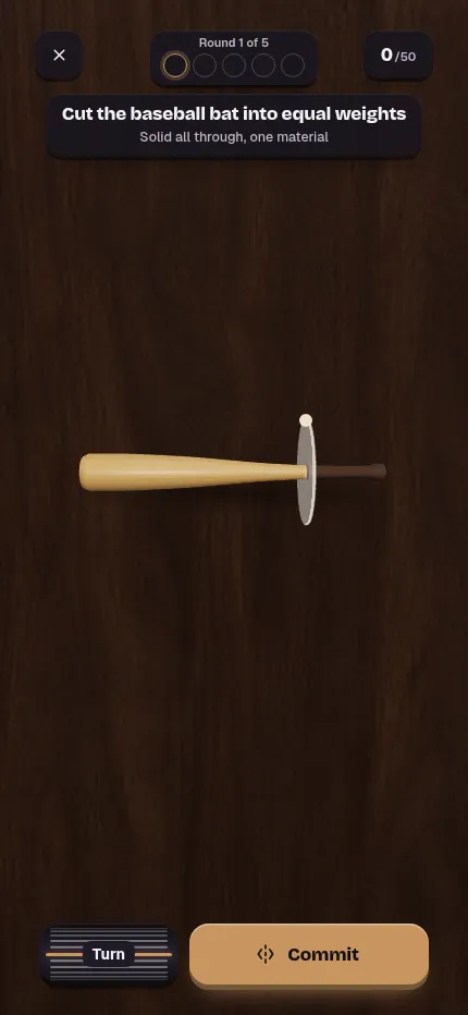 Halved at phone size: the baseball bat round in a narrow portrait view with the cut line, the score out of 50 and the Commit button