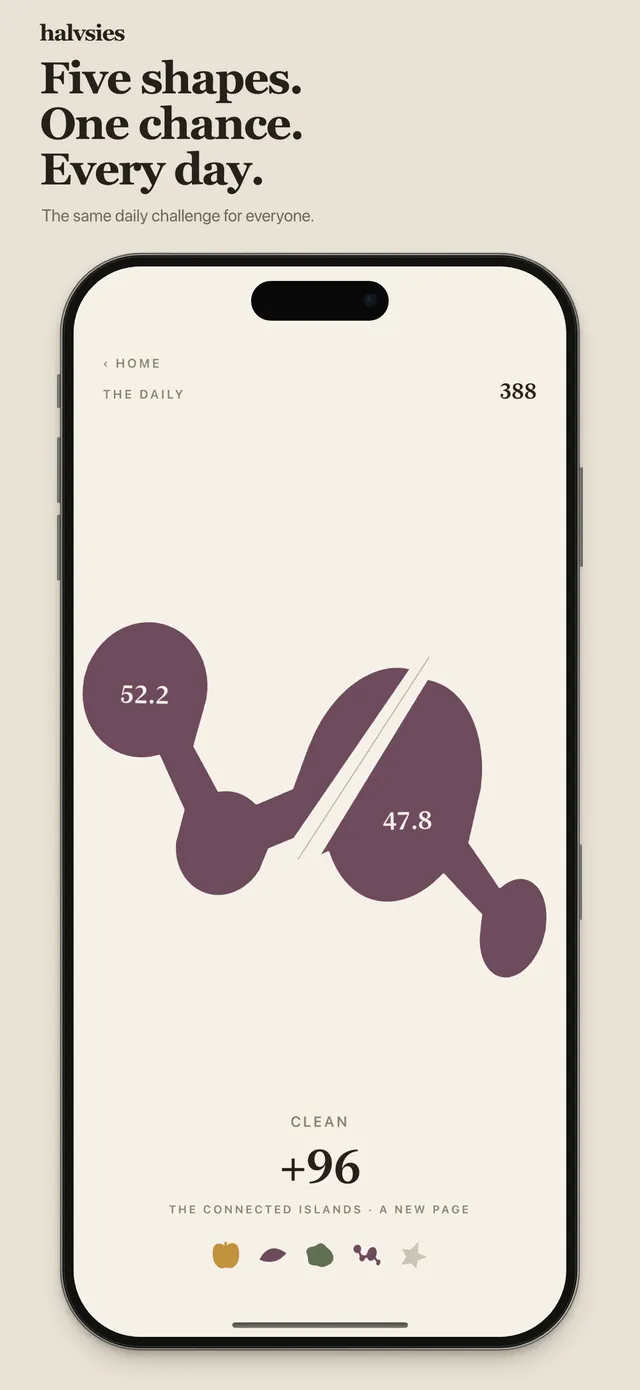 A Halvsies Daily round: a purple two-lobed shape cut by a line into 52.2 and 47.8 per cent, scored +96