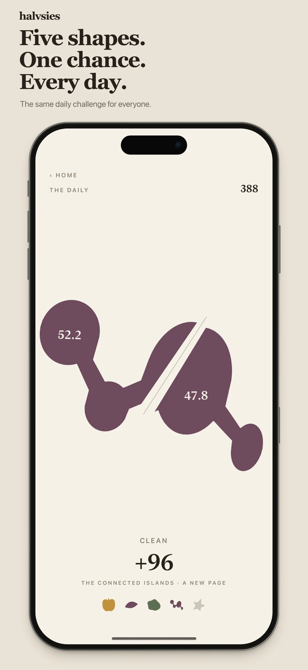 A Halvsies Daily round: a purple two-lobed shape cut by a line into 52.2 and 47.8 per cent, scored +96
