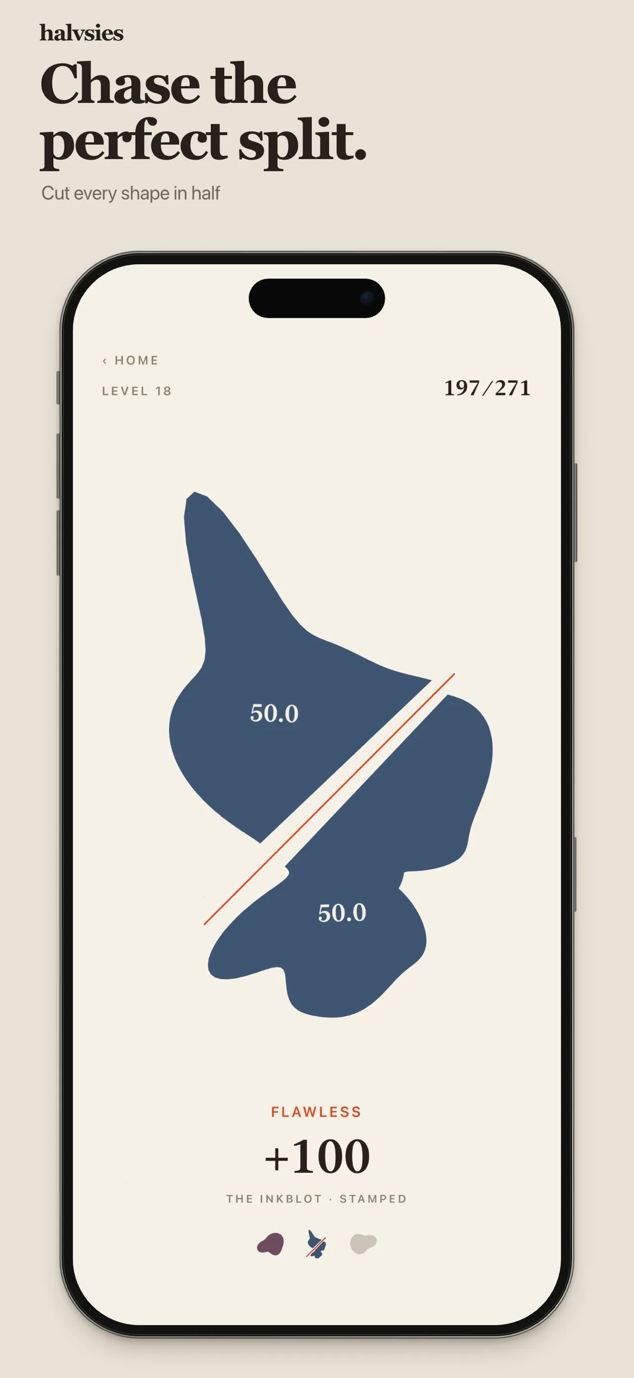 A blue inkblot shape cut exactly 50.0 to 50.0, marked Flawless +100