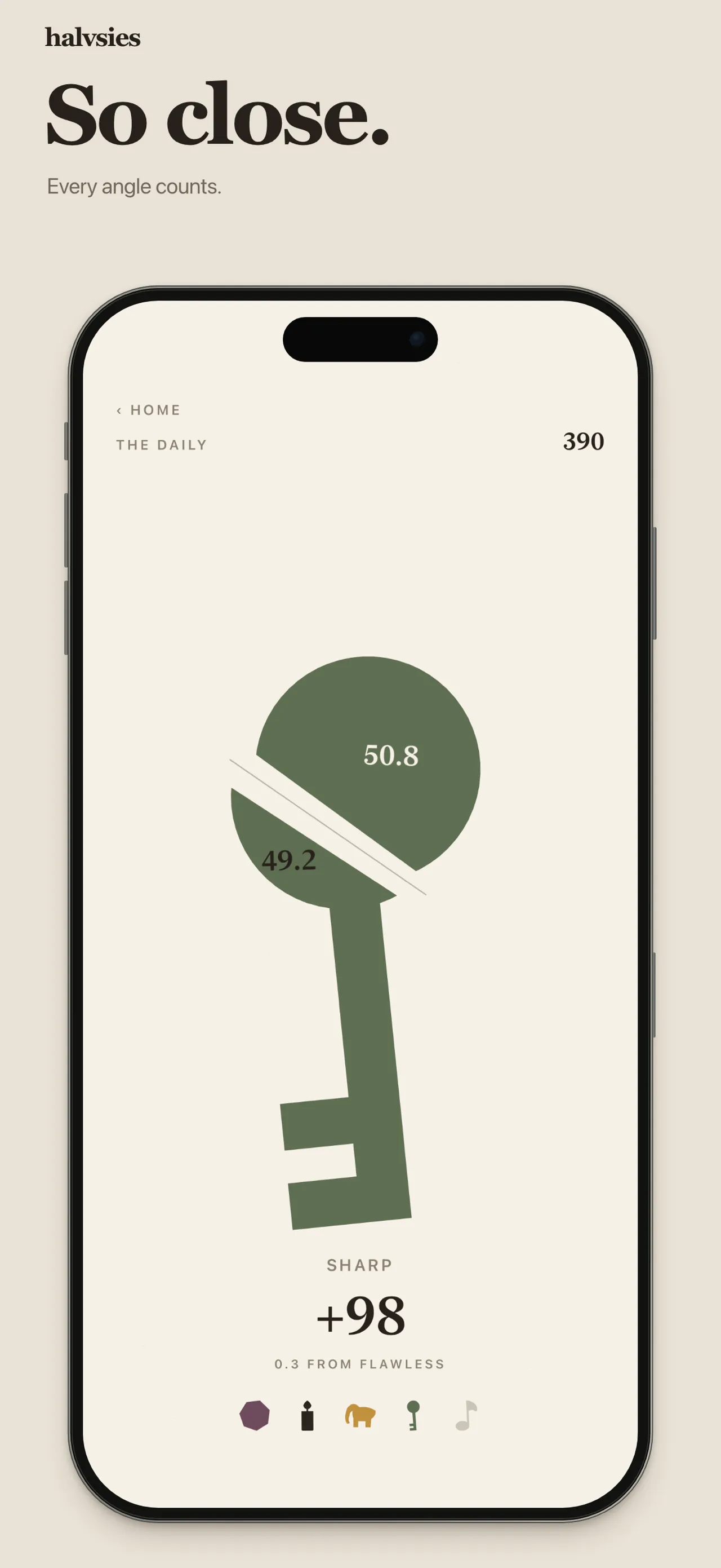 A green key shape split 50.8 to 49.2 in a Halvsies Daily, scored +98