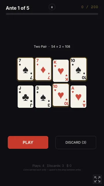 Hand Daily on 26 October 2026, ante 1 of 5 with a target of 200: two sevens and two tens selected from eight cards, scoring Two Pair at 54 x 2 = 108