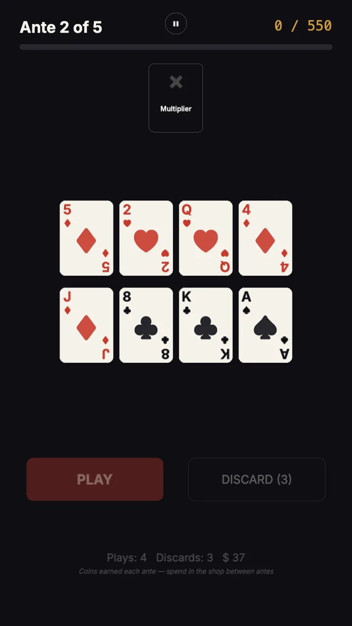 Hand Daily ante 2 of 5 with a target of 550 and a Multiplier joker held above eight cards