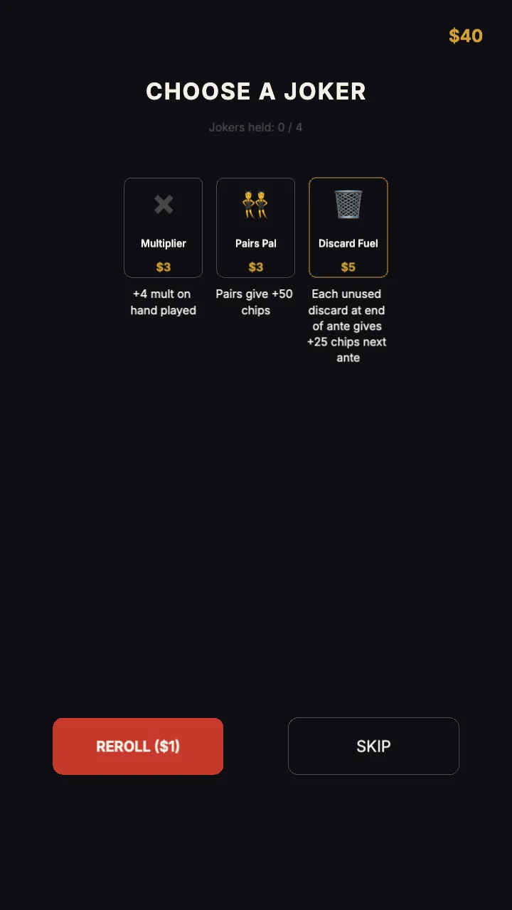 Hand Daily shop screen titled Choose a joker, offering Multiplier, Pairs Pal and Discard Fuel with prices and a reroll button