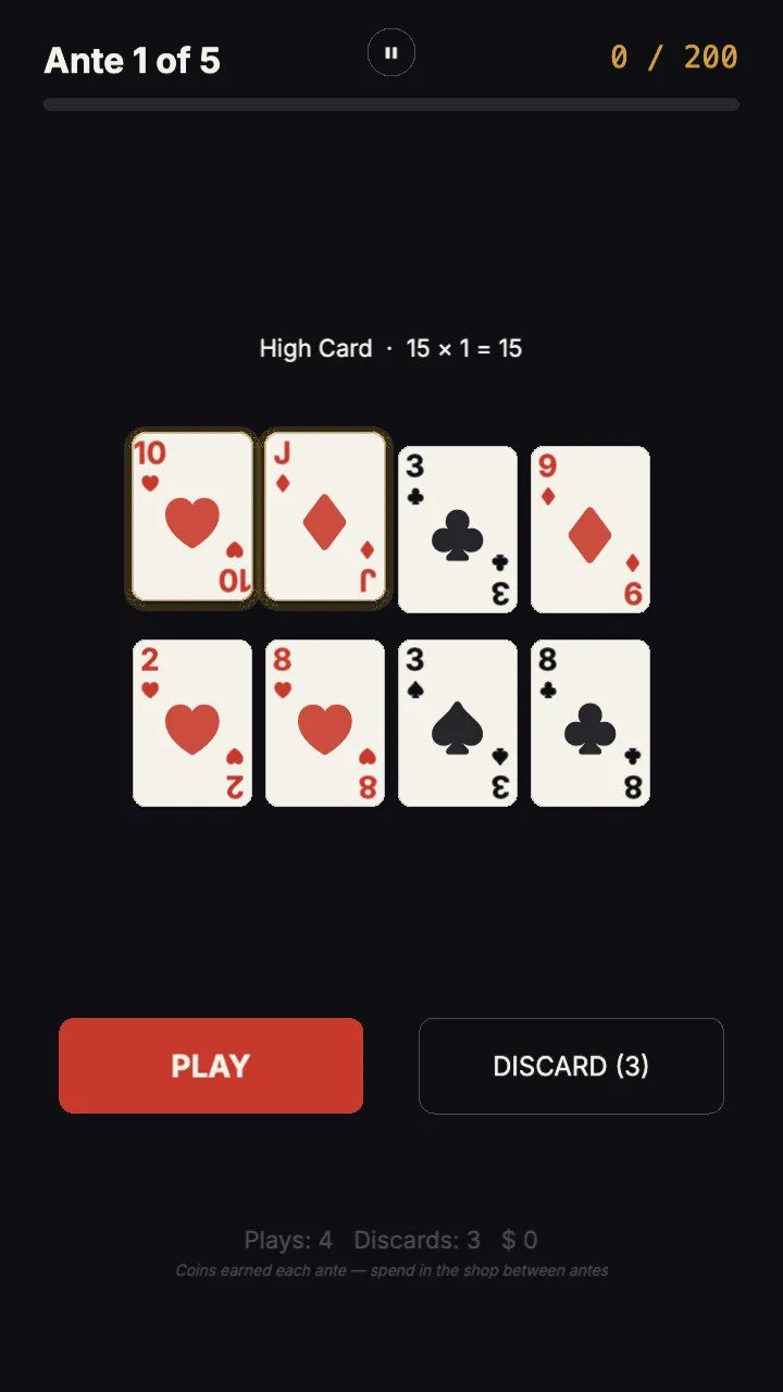 Hand Daily ante 1 of 5 with a target of 200: eight playing cards, two selected as High Card for 15 x 1, with Play and Discard buttons
