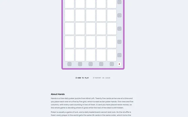 Hands board on mindloftdaily.com: an empty five by five card grid with a score marker beside each row and under each column
