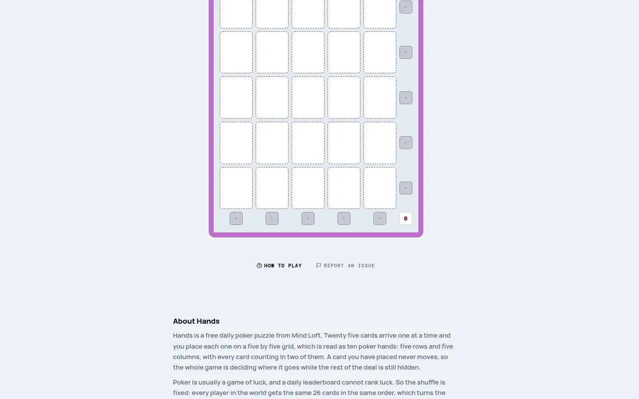 Hands board on mindloftdaily.com: an empty five by five card grid with a score marker beside each row and under each column