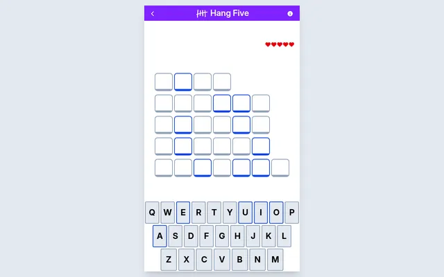 Hang Five puzzle: five rows of blank letter tiles for the five hidden words, vowel slots marked in blue, five hearts for lives and an on-screen keyboard
