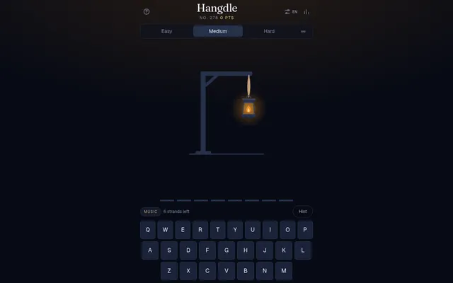 Hangdle No. 278 on Medium: a lantern hanging from a gallows, eight blanks for the word, a Music theme label, 6 strands left, a Hint button and a keyboard