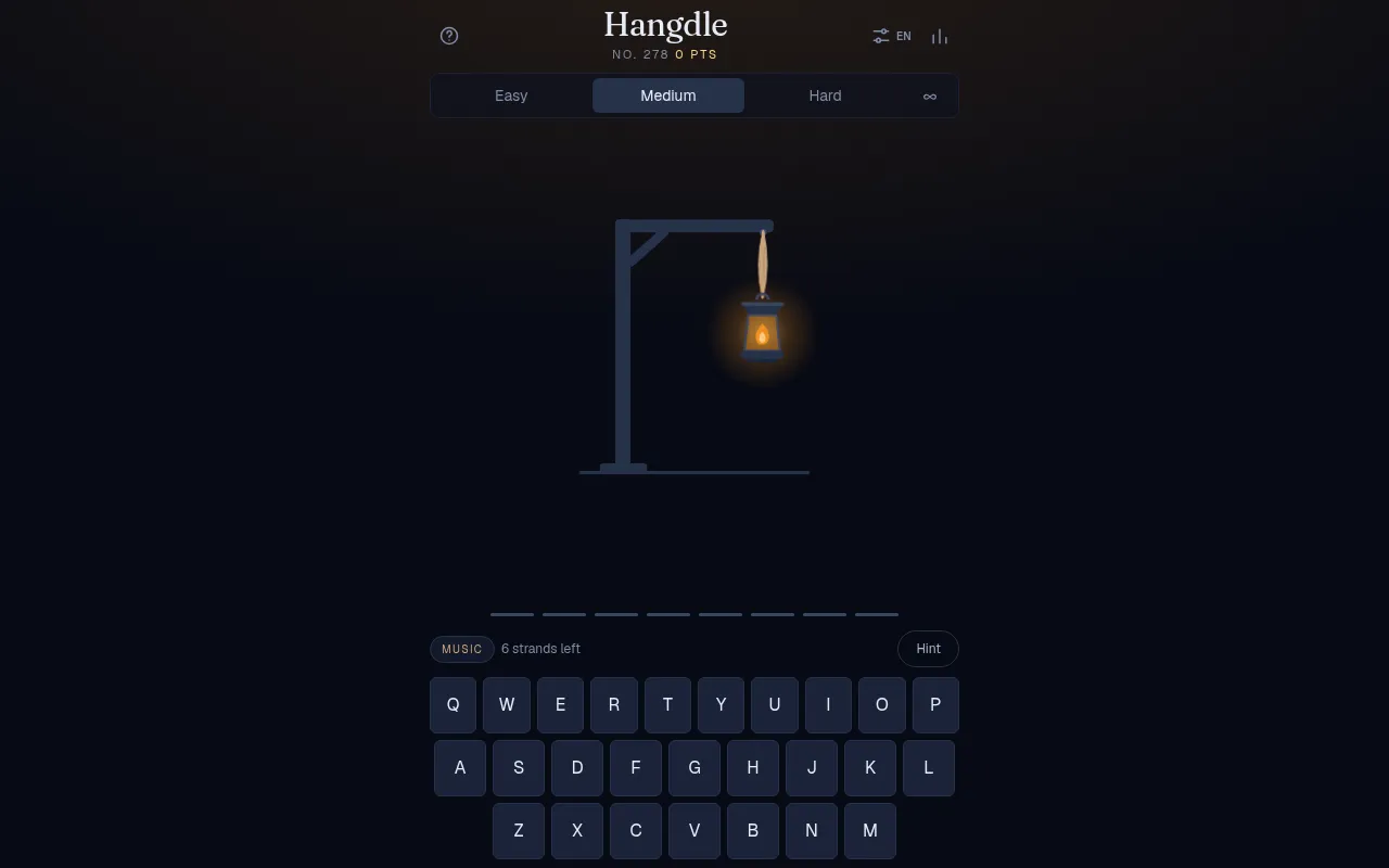 Hangdle No. 278 on Medium: a lantern hanging from a gallows, eight blanks for the word, a Music theme label, 6 strands left, a Hint button and a keyboard