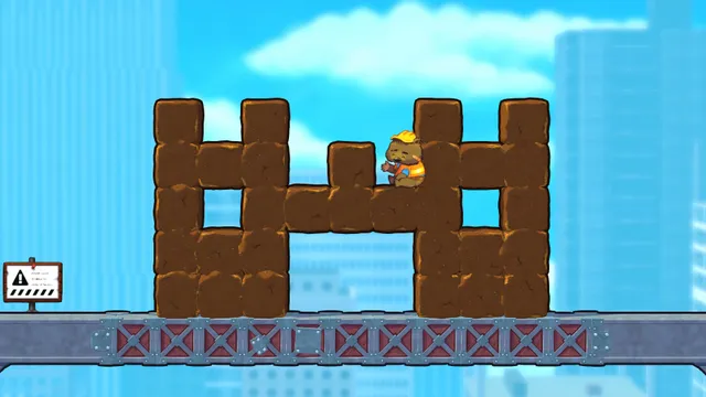 Hardhat Wombat: the wombat in a hard hat sits on a structure of brown cubes on a steel girder