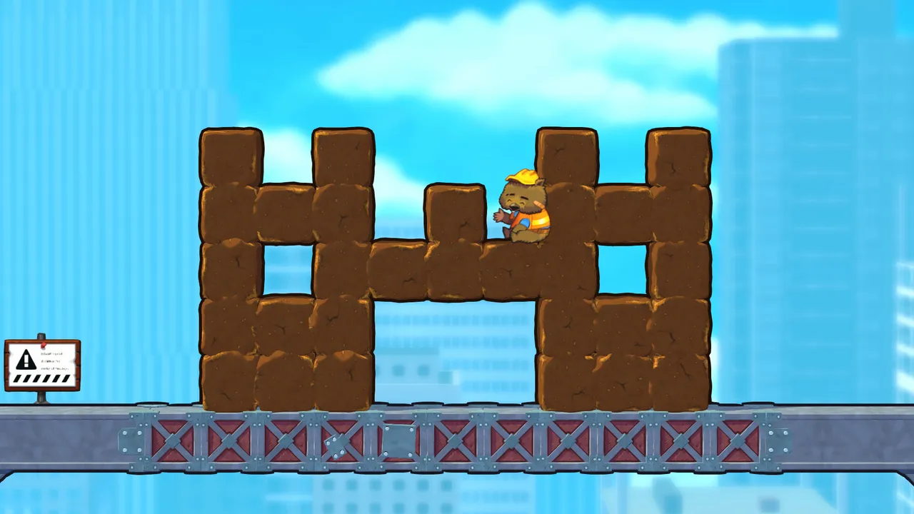 Hardhat Wombat: the wombat in a hard hat sits on a structure of brown cubes on a steel girder