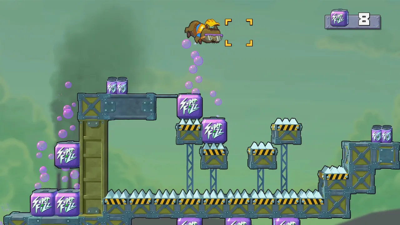 Hardhat Wombat level with fizzy purple cubes, spiked crates and the wombat floating on bubbles