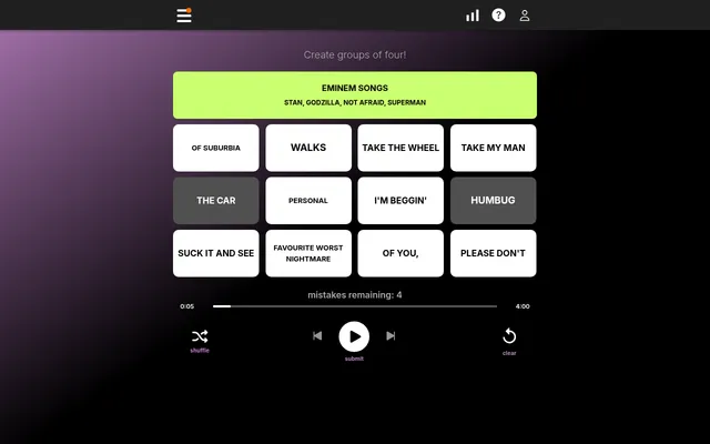 Today's Harmonies board on 20 October 2026: the Eminem songs group solved in green above twelve white music tiles, two of them selected, with the play-style submit button below