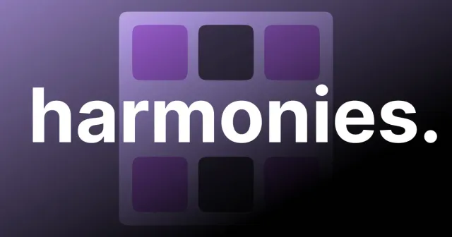 Harmonies title over a grid of purple tiles