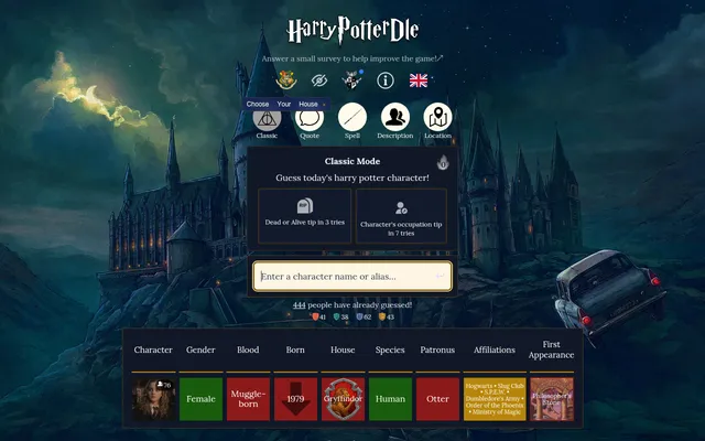 Harrypotterdle Classic mode on today's board: a first guess, Hermione, with her gender, blood, birth year, house, species, patronus and affiliations coloured against the answer