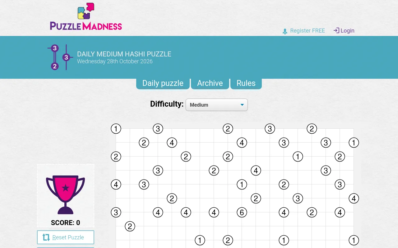 The PuzzleMadness Daily Medium Hashi page for Wednesday 28 October 2026 on a desktop, with the difficulty menu above the grid of numbered islands