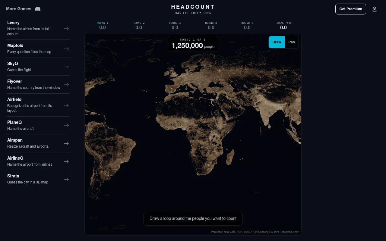 Headcount Day 119, Oct 5, 2026: round 1 of 5 with a target of 1,250,000 people over a night map of world population lights, with Draw and Pan buttons