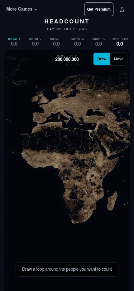 Headcount Day 132 on a phone: round 1 of 5, target 200,000,000, the population map of Europe and Africa with Draw and Move buttons