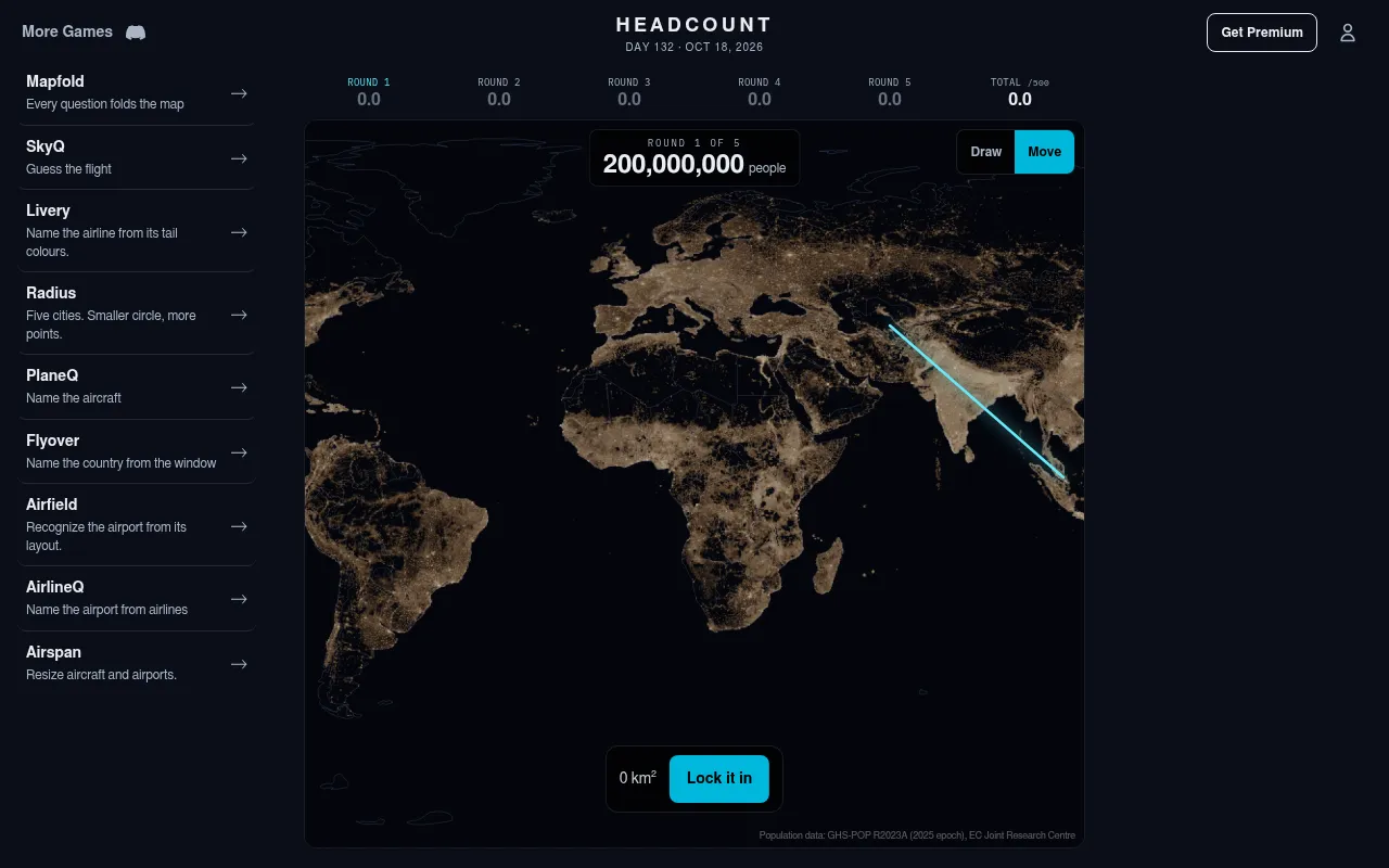 Headcount Day 132, 18 Oct 2026, desktop: round 1 target of 200,000,000 people, a loop being drawn over South Asia on the night population map, with Lock it in