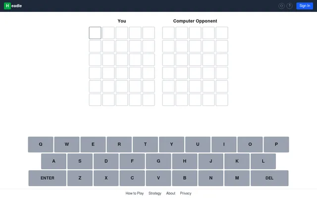 Headle board: two empty six-row grids labelled You and Computer Opponent above an on-screen keyboard