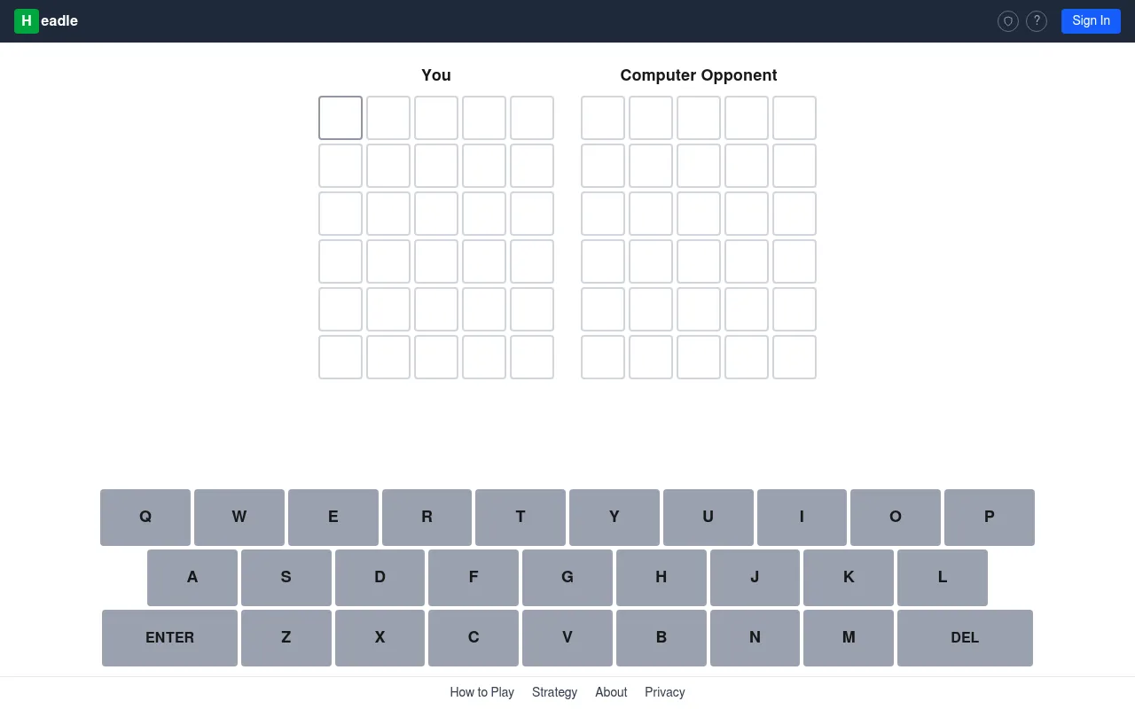 Headle board: two empty six-row grids labelled You and Computer Opponent above an on-screen keyboard